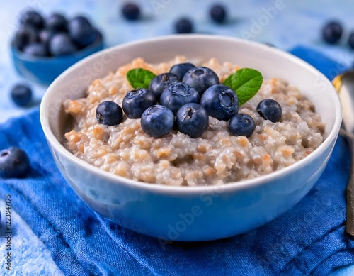 Wallpaper Mural Oatmeal with Blueberries in Bowl on Blue Cloth Torontodigital.ca