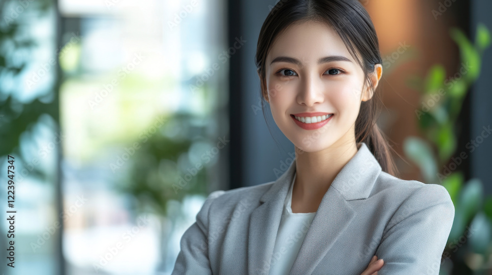 confident and capable young woman in professional setting, smiling warmly. She wears light gray blazer and stands with her arms crossed, exuding professionalism and approachability confident and capable young woman in professional setting, smiling warmly. She wears light gray blazer and stands with her arms crossed, exuding professionalism and approachability