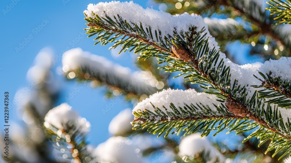Close-up of glittering snow on the branches of trees during a clear winter day.