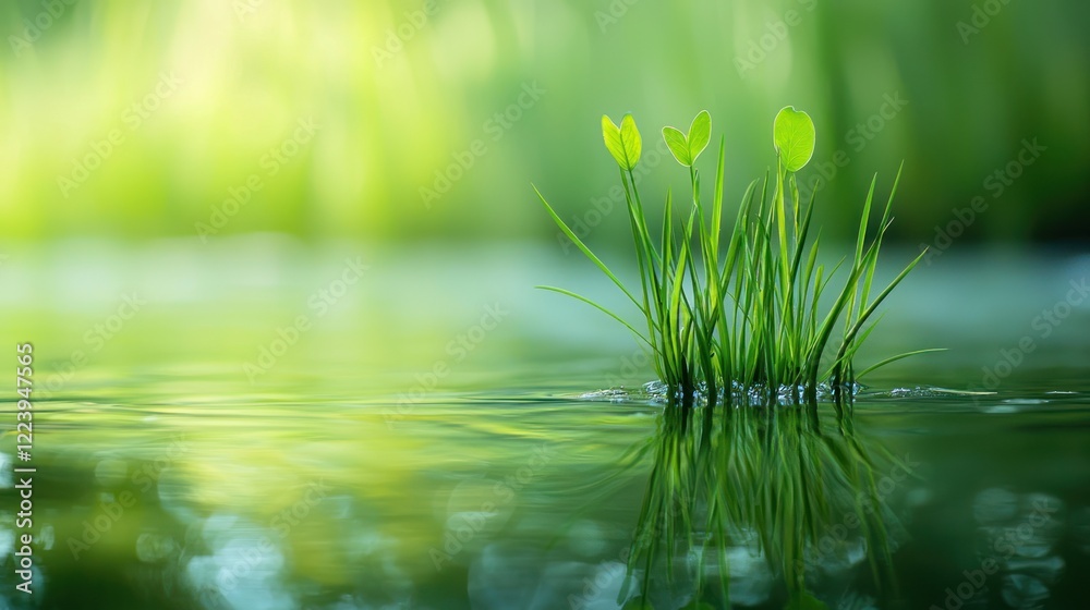 Close-up of vibrant green algae growing on a calm lake surface