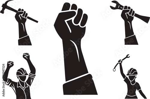 Silhouettes of tools surrounding a raised fist, symbolizing the spirit of Labor Day, honoring workers' rights, solidarity, and the contributions of laborers to society
