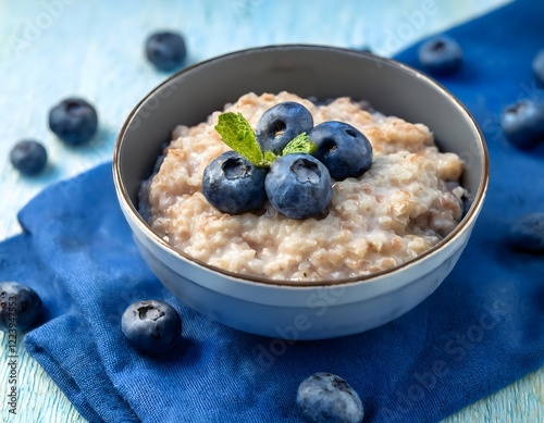 Oatmeal with Blueberries and Mint in a Bowl