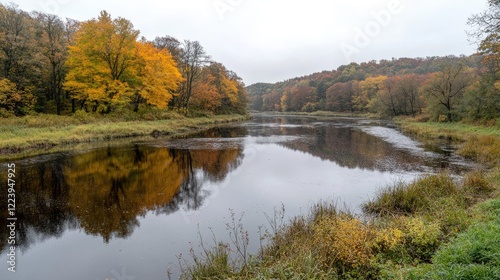 Autumn River Reflection, Calm Fall Landscape, Peaceful Nature Scene, Stock Photo