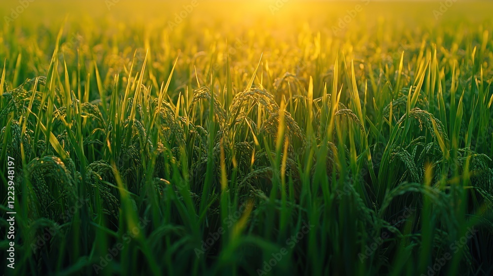Golden sunlight reflecting on a green rice field at dawn