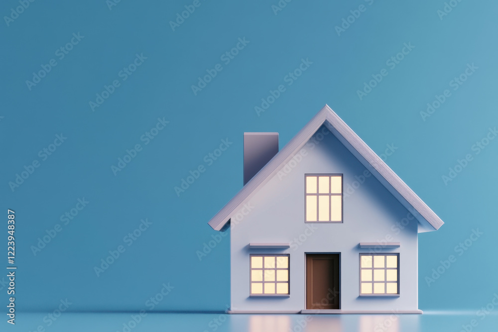 simple and minimalist 3D icon of house with soft lighting, set against blue background, evokes sense of warmth and comfort simple and minimalist 3D icon of house with soft lighting, set against blue background, evokes sense of warmth and comfort