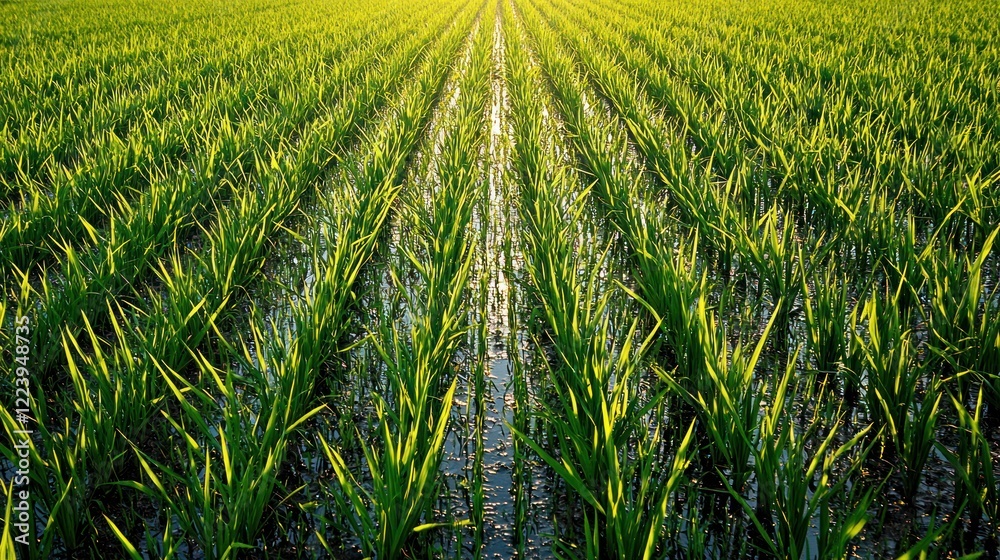 Golden sunlight reflecting on a green rice field at dawn