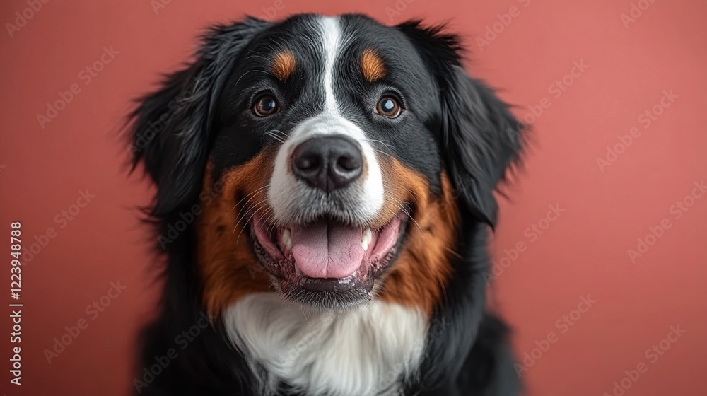 Happy Bernese Mountain Dog portrait, red background. Pet website use Happy Bernese Mountain Dog portrait, red background. Pet website use
