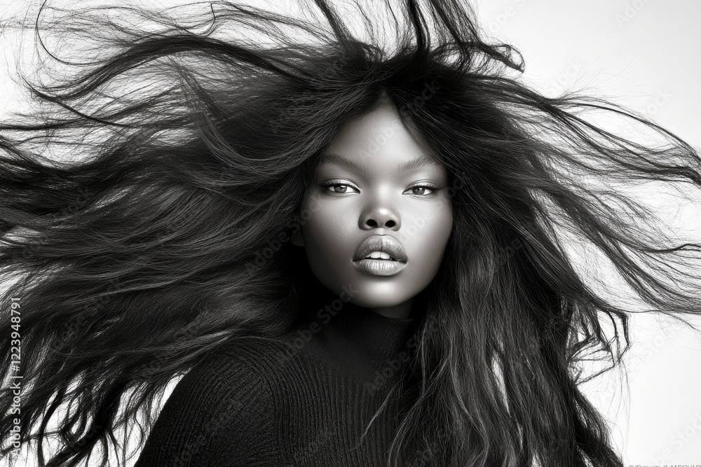 Naklejka premium Long hairdo - highlighted hair. Commercial promotion visual idea. Pretty calm black girl - for ads, boulevard poster and digital marketing use. Afro-american portraits. African hair glamour.