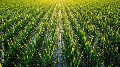 Golden sunlight reflecting on a green rice field at dawn
