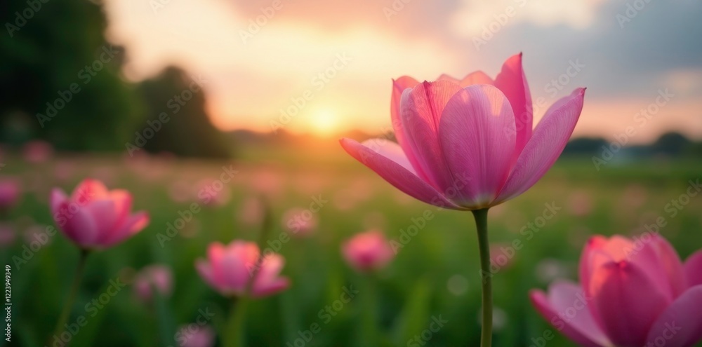 Soft pink petals unfurl on lush green field at dusk, flowers, landscape Soft pink petals unfurl on lush green field at dusk, flowers, landscape