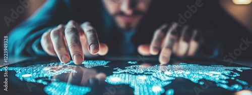 Focused man exploring a digital world map on a touchscreen display at night in a modern tech environment