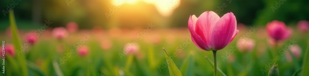 Soft pink petals unfurl on lush green field at dusk, landscape, green Soft pink petals unfurl on lush green field at dusk, landscape, green