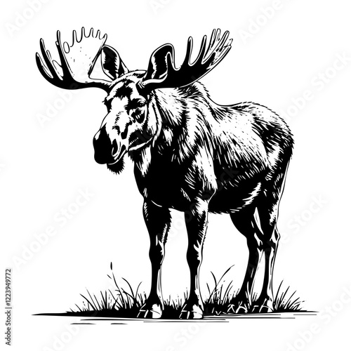 Moose engraving black and white outline. Scratch board imitation. illustrated in vintage line art style on a white background.
