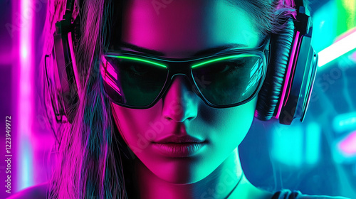 Frau mit Sonnenbrille und Kopfhörer beim Musik hören in pinken und cyan Farben mit neon  Lichteffekten. Querformat mit Platz für Text. 16:9 Format. Generative AI.
