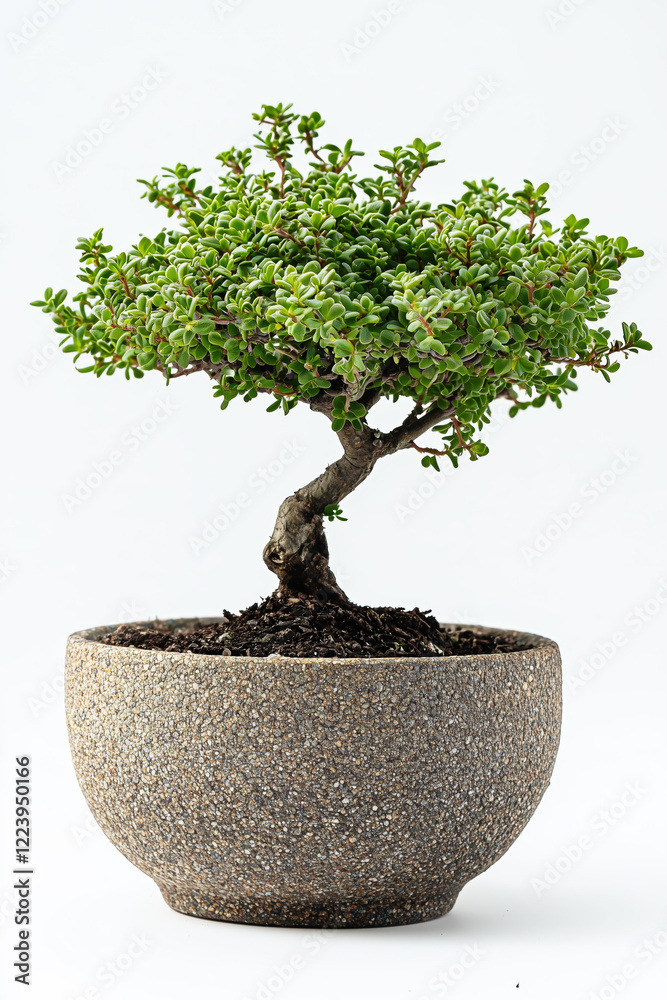 Miniature bonsai tree in a textured pot on a white background Miniature bonsai tree in a textured pot on a white background