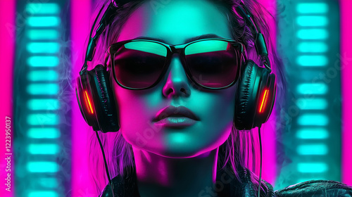 Frau mit Sonnenbrille und Kopfhörer beim Musik hören in pinken und cyan Farben mit neon  Lichteffekten. Querformat mit Platz für Text. 16:9 Format. Generative AI.