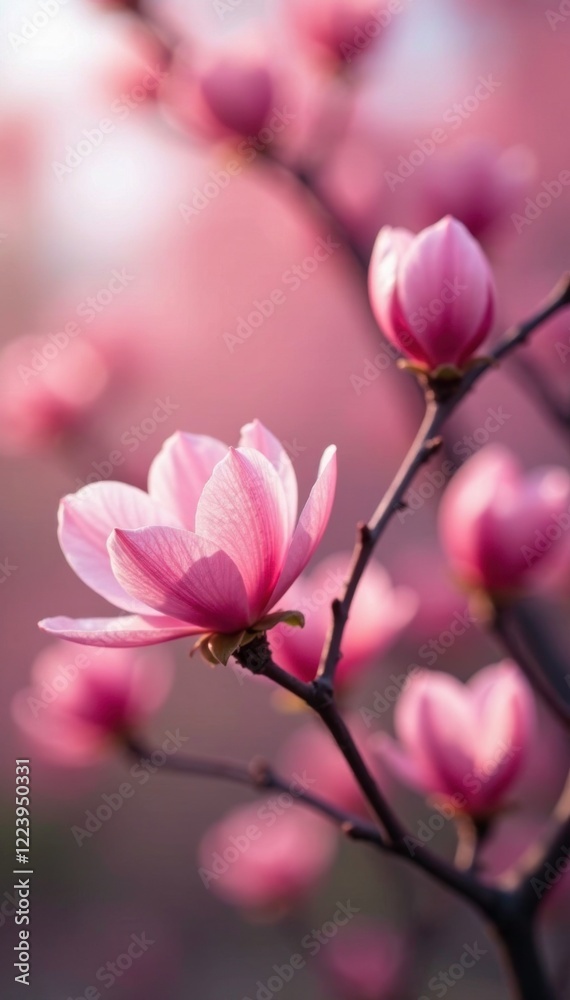 Soft pink petals unfurl on slender tree branches, leafy, pink, foliage Soft pink petals unfurl on slender tree branches, leafy, pink, foliage