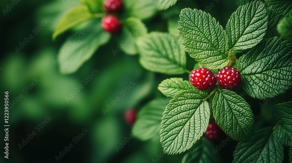 Macro shot of lush green leaves background with bright red berries on a plant in natural light for nature and botanical photography. Healthy fruit backdrop concept. Macro shot of lush green leaves background with bright red berries on a plant in natural light for nature and botanical photography. Healthy fruit backdrop concept.