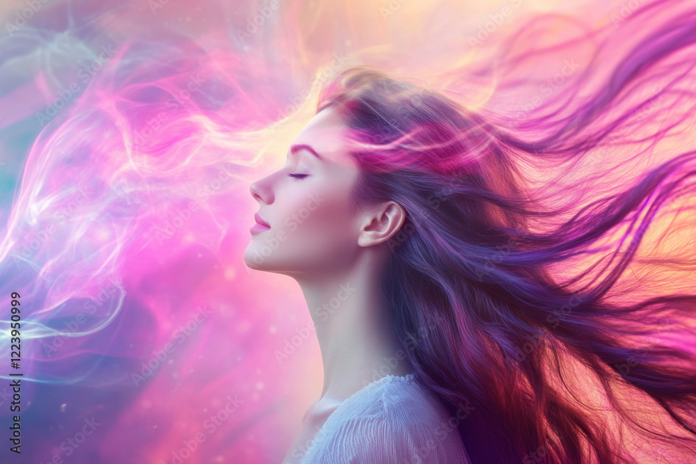 serene woman with long, flowing hair surrounded by colorful, ethereal swirls. vibrant hues create dreamy atmosphere, evoking sense of tranquility and beauty