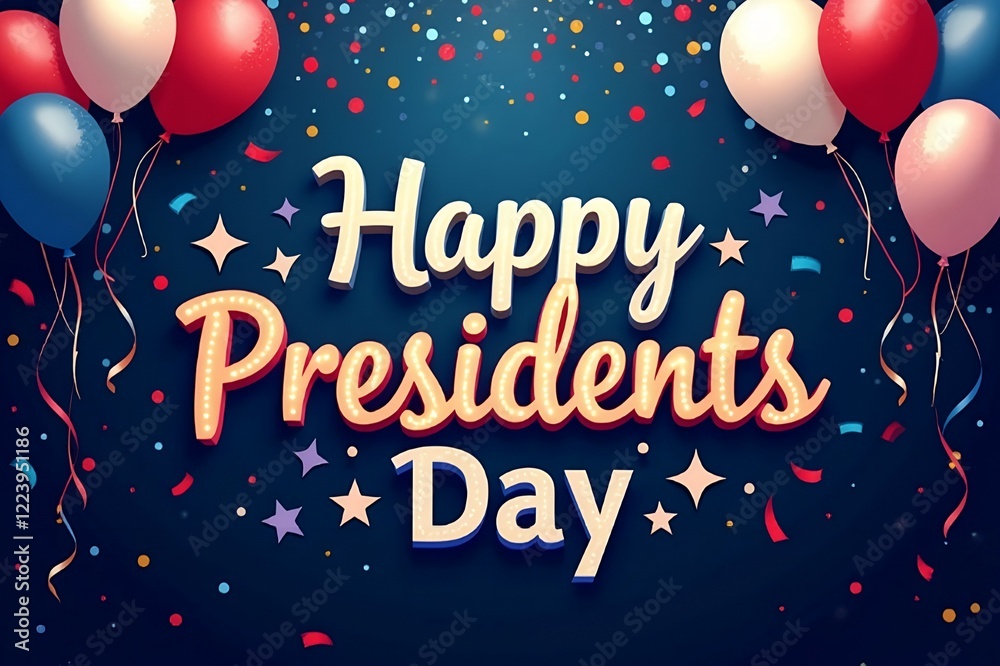 A navy blue presidents day background filled with colorful confetti and floating balloons A navy blue presidents day background filled with colorful confetti and floating balloons