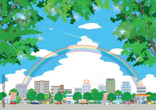 新緑の街並みイラスト.