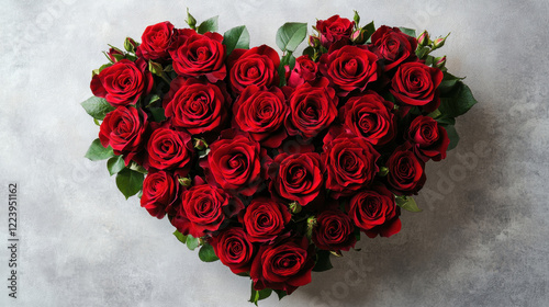 heart shape made of vibrant red roses, symbolizing love and affection, beautifully arranged against soft gray background. This stunning floral display evokes emotions of romance and passion