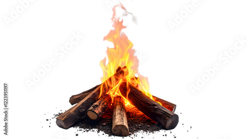 Burning Campfire with Realistic Flames and Wooden Logs Isolated on White Background

