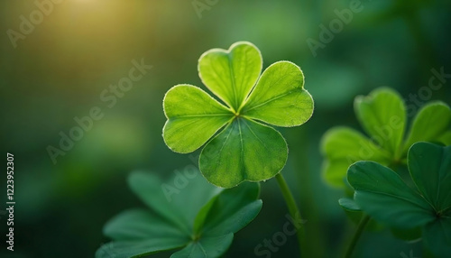 A lucky four-leaf clover, a rare find among the three-leafed shamrocks, stands out in a patch of fresh green clover, a symbol of Irish luck photo
