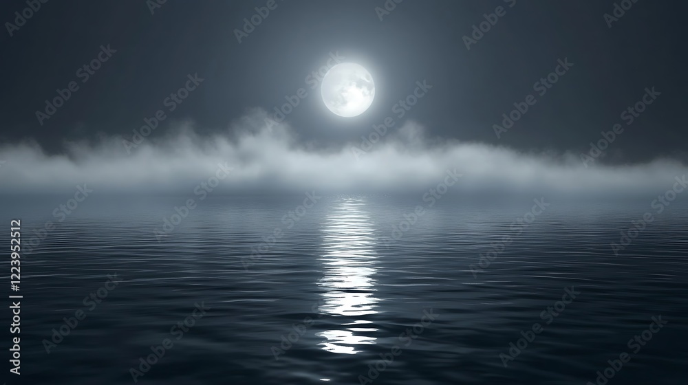 Obraz premium Full Moon Over Foggy Calm Sea at Night