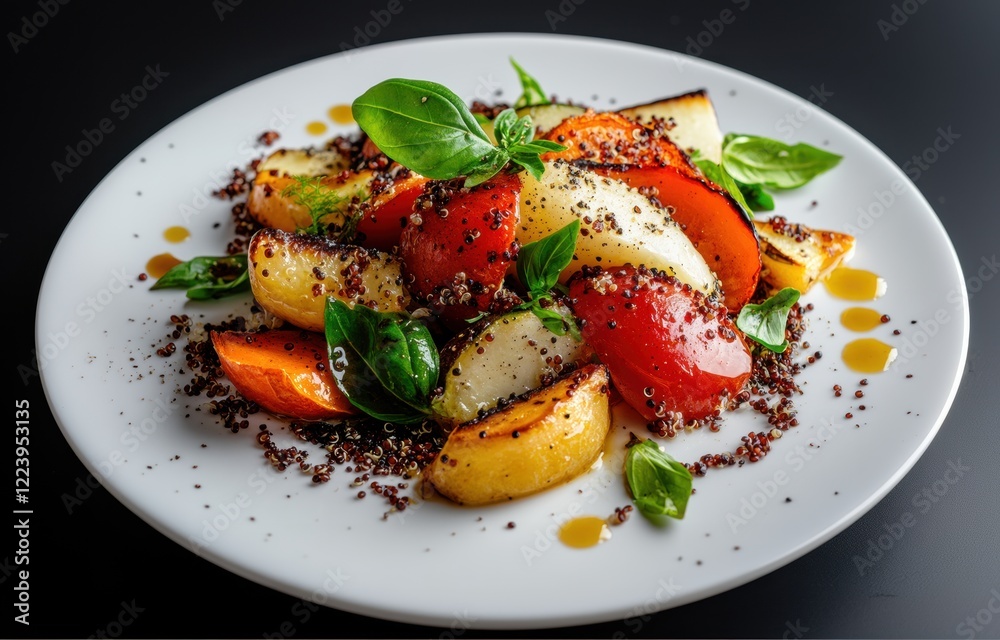 A vibrant gourmet salad with fresh vegetables and basil garnished elegantly. A vibrant gourmet salad with fresh vegetables and basil garnished elegantly.