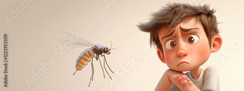 A Boy's Unpleasant Encounter: A 3D Animated Illustration of a Mosquito Bite photo