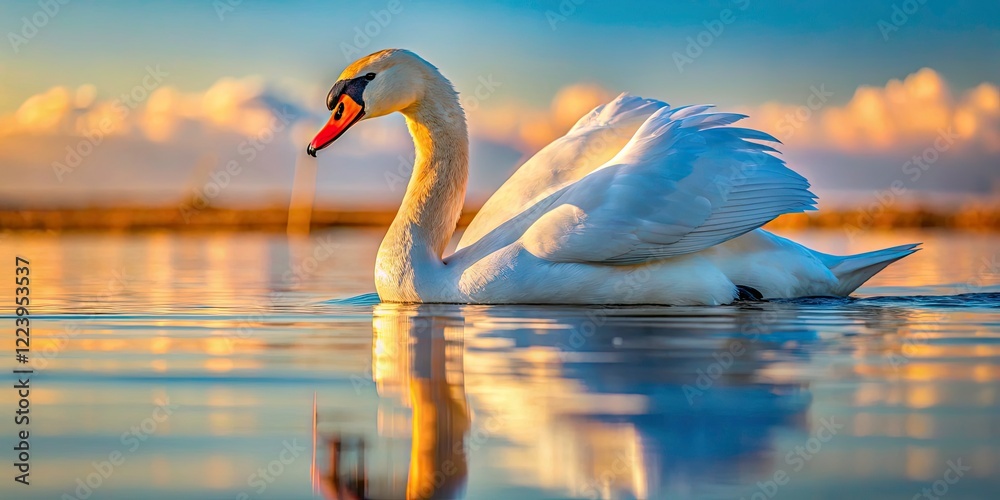 Fototapeta premium Majestic Mute Swan on Calm Sea: Documentary Photography of Waterfowl