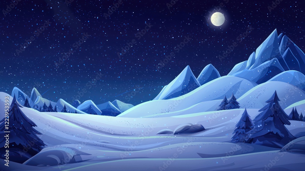 Snow-covered hills glittering under the bright moonlight on a cold night.