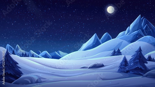 Obraz na płótnie Snow-covered hills glittering under the bright moonlight on a cold night. w salonie