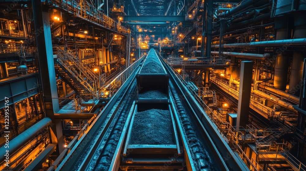 Fototapeta premium Industrial conveyor transporting coal inside a massive factory. Illustrates heavy industry, manufacturing, and resource transport.