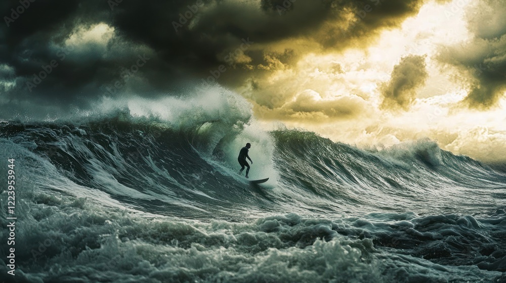 Surfer riding a massive wave under a dramatic sky