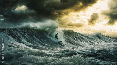 Obraz na płótnie Surfer riding a massive wave under a dramatic sky w salonie