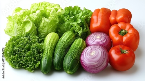 Fresh vegetables lettuce, cucumbers, peppers, onions, tomatoes.