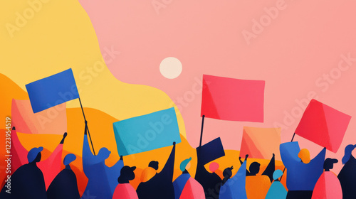 A vibrant illustration of a diverse crowd holding colorful flags against a sunset, symbolizing unity and protest.