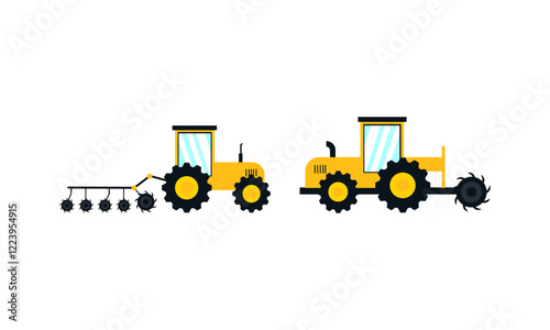 Agricultural and farming machinery and equipment on field vector set