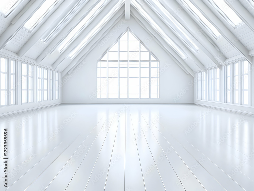 Fototapeta premium Bright attic room, white walls, large windows, sunlight