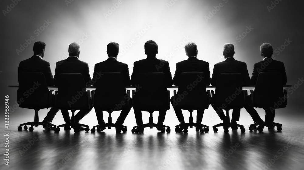 A group of six silhouetted figures in suits seated in chairs, facing away against a soft, illuminated background. A group of six silhouetted figures in suits seated in chairs, facing away against a soft, illuminated background.