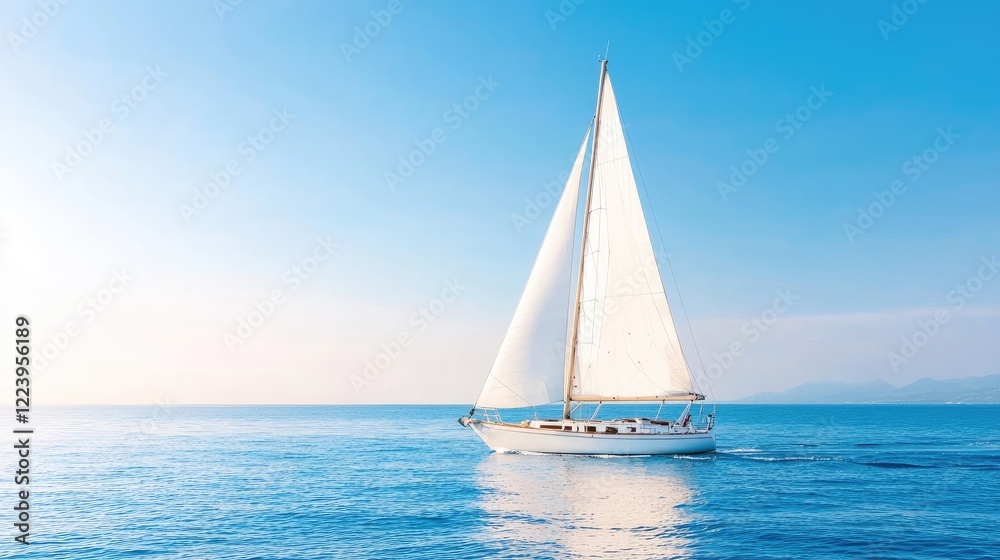 Naklejka premium Sailing yacht at sea, sunny day, calm waters, island in background; travel, vacation imagery