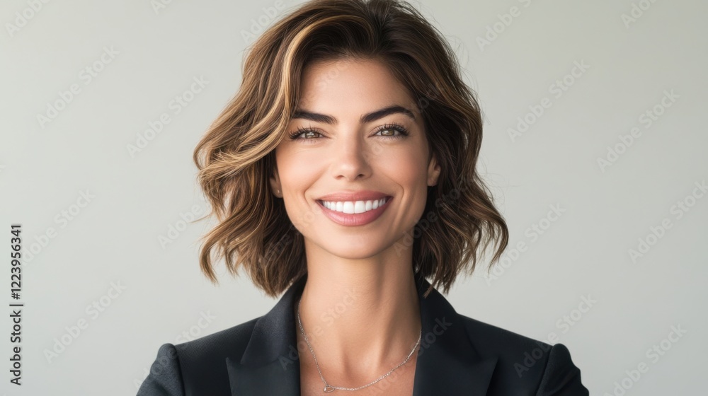 Confident Businesswoman in Blazer Smiling Brightly on Plain Gray Background, Captured with Professional Lighting Technique for Corporate Use Confident Businesswoman in Blazer Smiling Brightly on Plain Gray Background, Captured with Professional Lighting Technique for Corporate Use