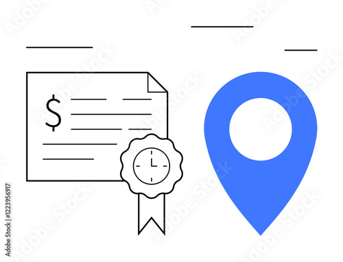 Digital certificate, clock badge, and blue location pin representing internet, credentials, time management, accurate location, reward, business and education. Ideal for online learning remote