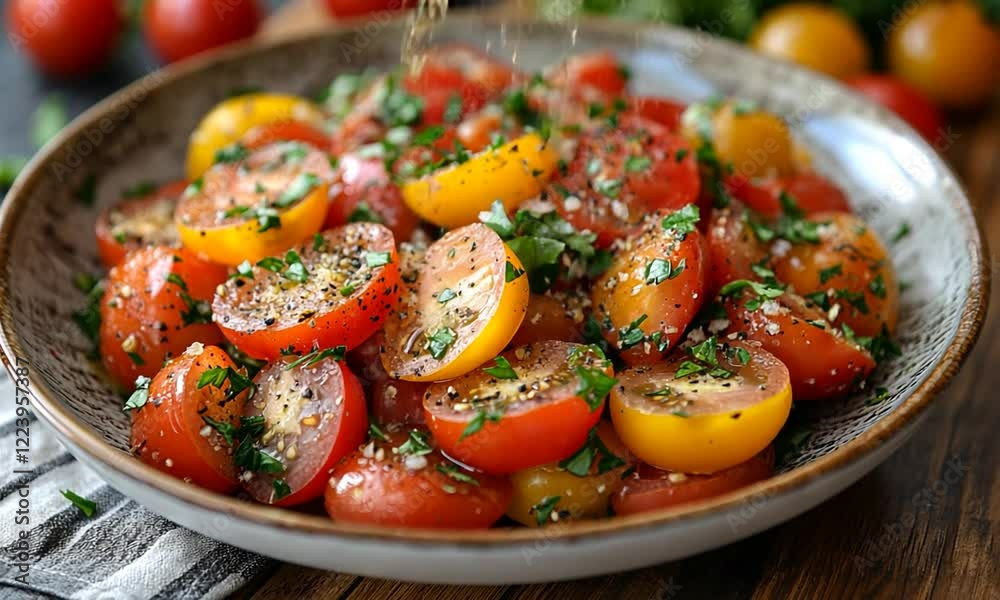 Freshly sliced colorful tomatoes with herbs and spices in a rustic bowl on a wooden table Freshly sliced colorful tomatoes with herbs and spices in a rustic bowl on a wooden table