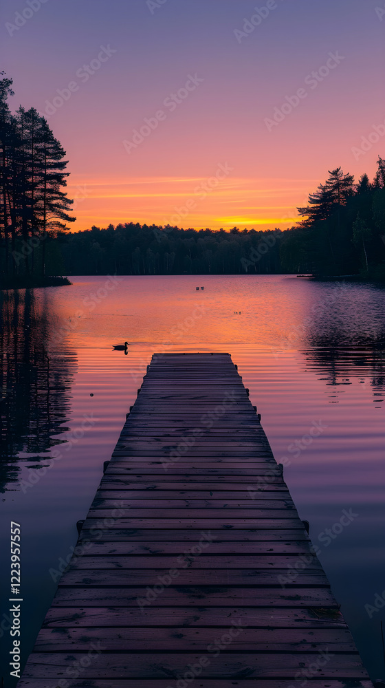 Fototapeta premium Serene Lakeside Sunset with Wooden Pier, Reflective Water, and Silhouetted Trees in a Peaceful Natural Setting