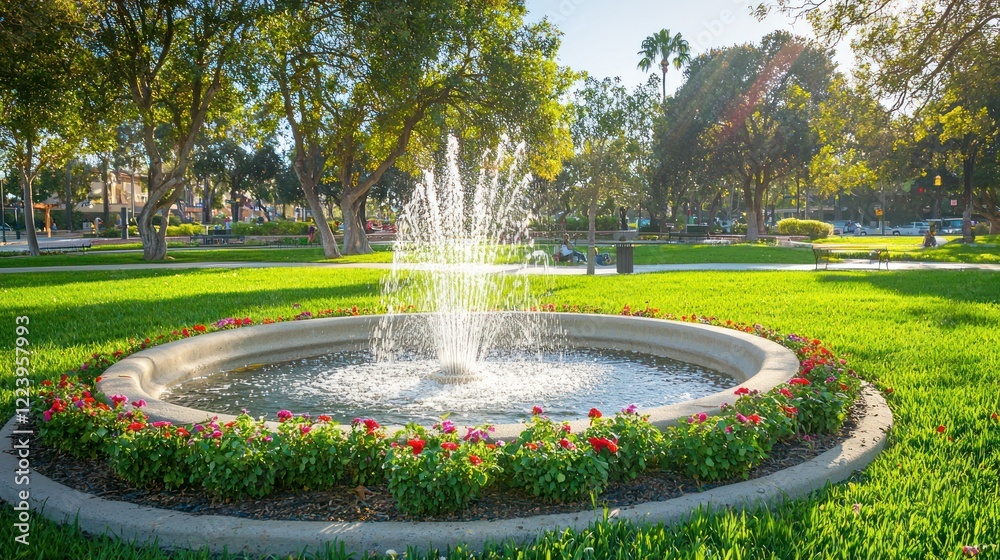 A beautiful city park with well-maintained grass, fountains, and blooming plants.