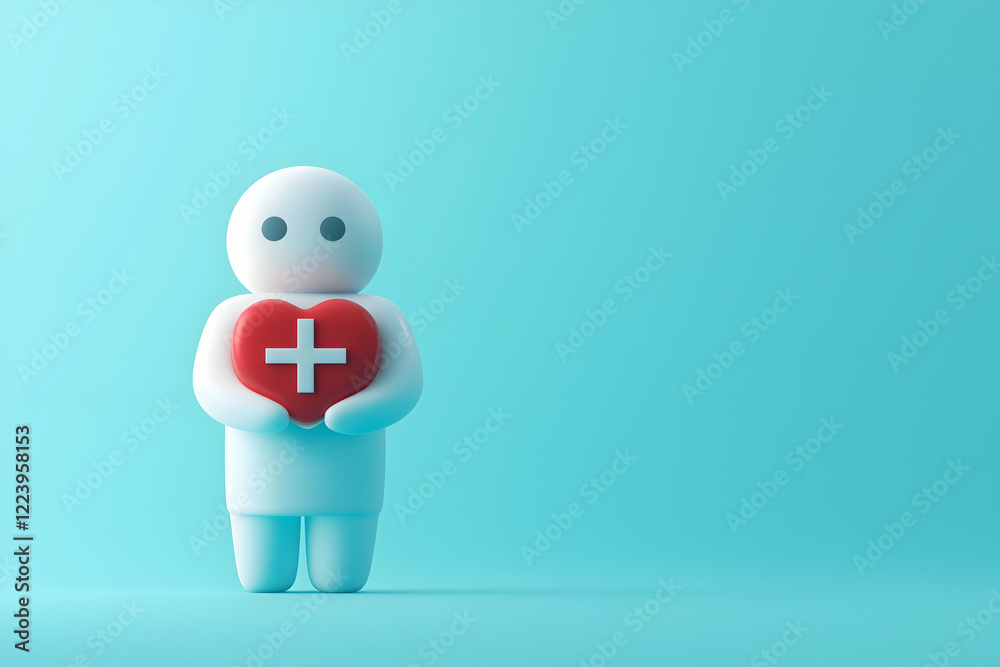 A cute, cartoon-like figure holding a red heart with a white cross, symbolizing health and care against a soothing blue background. A cute, cartoon-like figure holding a red heart with a white cross, symbolizing health and care against a soothing blue background.
