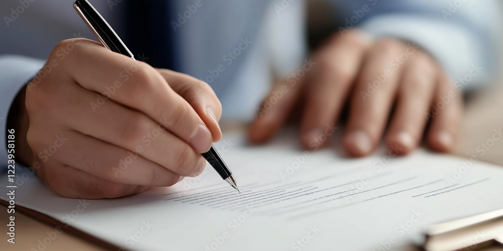 Signing important business document with pen in hand Signing important business document with pen in hand
